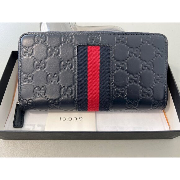 Gucci Guccissima Leather Zip Wallet Blue Red Stripe New With Box - Picture 3 of 7